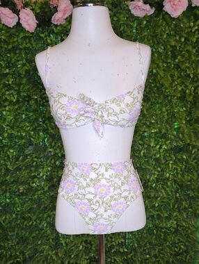 Roller Rabbit Cream and Lavender Floral Bralette & High-Waist Brief Set